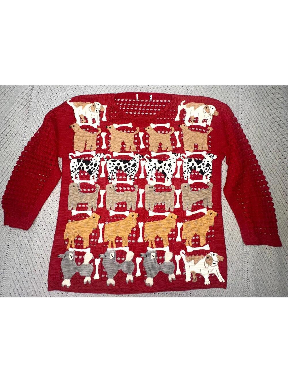 90s Berek Crochet Dog Sweater Red Open Knit Dalmatian Poodle Lab Appliqué S/M